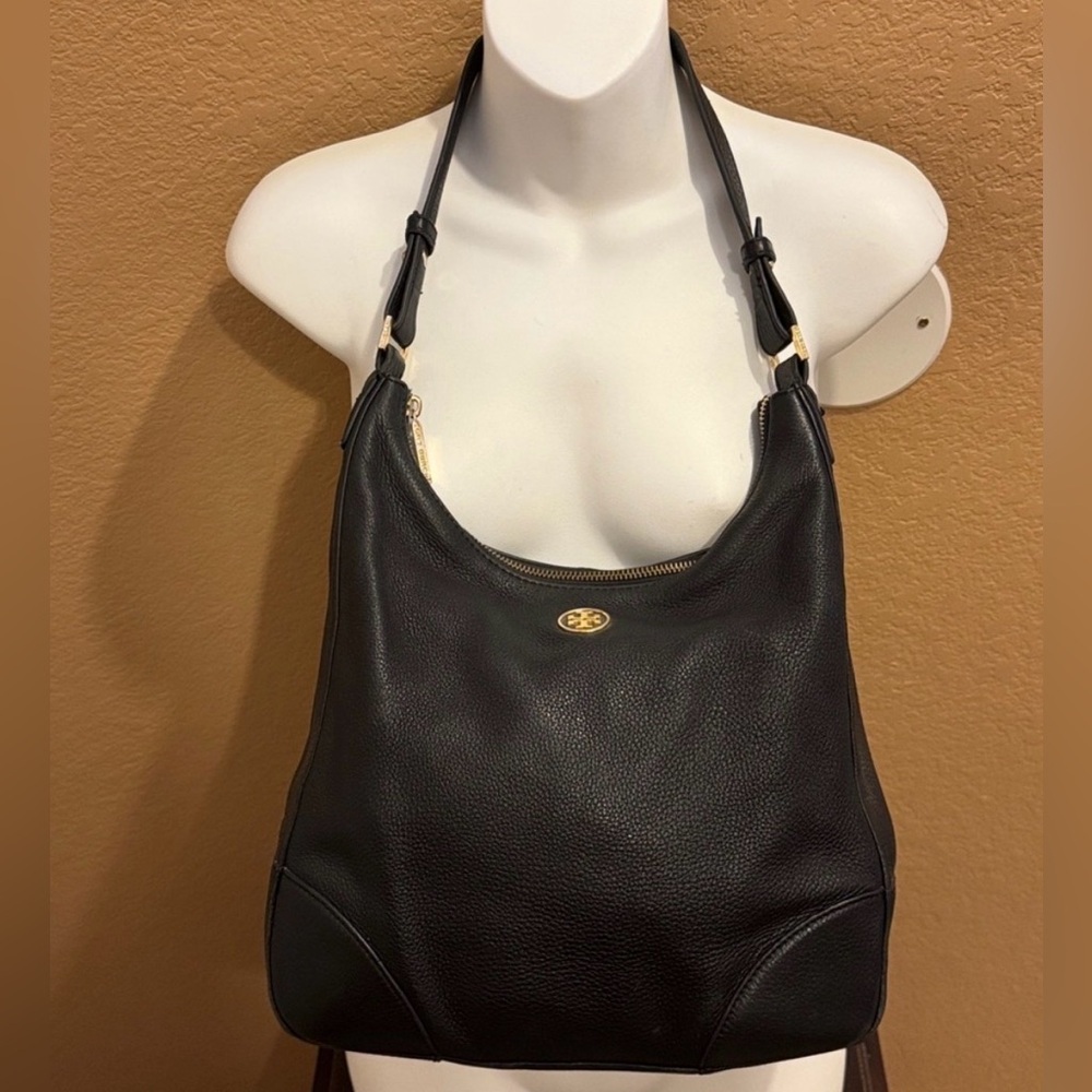 Tory Burch Pebbled Leather Hobo Bag Black